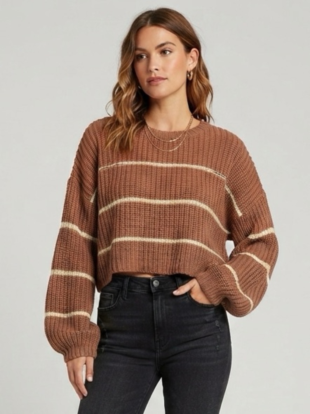 452 moon & madison chunky Cropped Brown and Cream Striped Autumn Fall Sweater